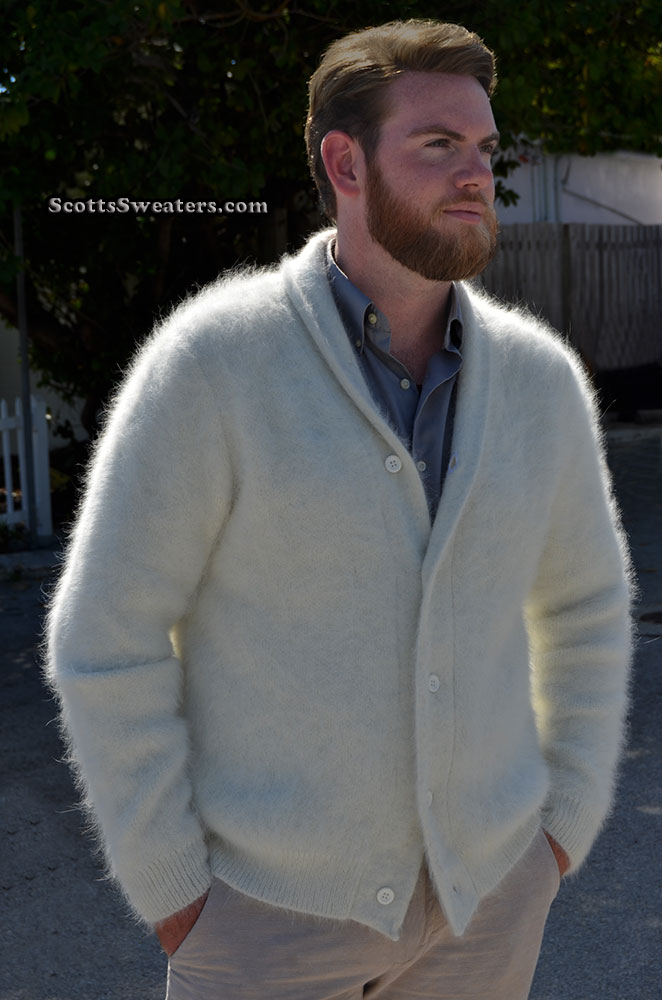 Men's White/Ivory Angora Cardigan Sweater #701-025
